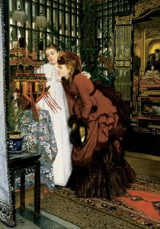 James Tissot Young Ladies Looking at Japanese Objects oil painting picture